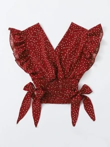 Trelyra 荷葉邊打褶結飾圓點上衣 - 酒紅色 - 查看 5