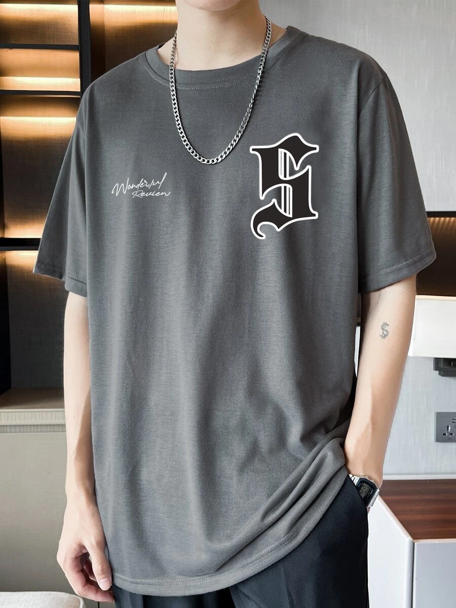 Manfinity Hypemode Men Letter Graphic Drop Shoulder Tee - Grey - View 1