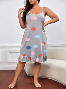 Vestido de dormir de tirantes bajo fruncido de lunares con cubierta de ojo - Gris Claro - Ver 1