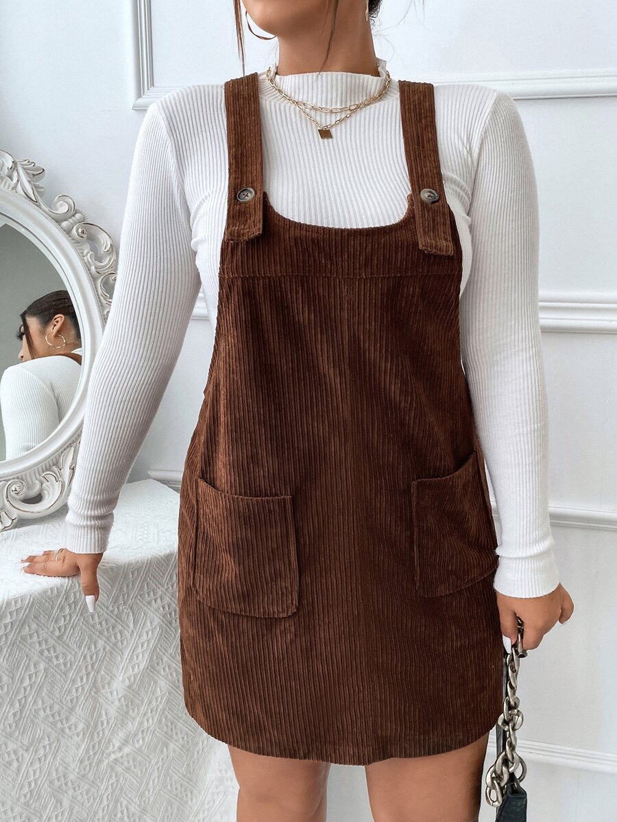 Flirla 大碼補丁貼口袋燈芯絨背帶裙不帶上衣 - 咖啡棕 - 查看 1