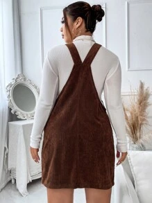 Flirla 大碼補丁貼口袋燈芯絨背帶裙不帶上衣 - 咖啡棕 - 查看 2