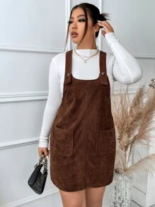 Flirla 大碼補丁貼口袋燈芯絨背帶裙不帶上衣 - 咖啡棕 - 查看 4