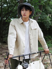 Camisa con bolsillo con solapa de hombros caídos para hombre, ropa de otoño - Albaricoque - Ver 4