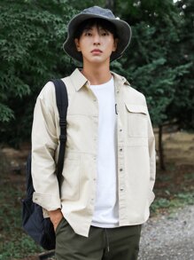 Camisa con bolsillo con solapa de hombros caídos para hombre, ropa de otoño - Albaricoque - Ver 6