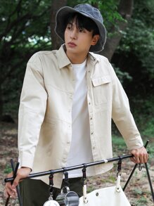 Camisa con bolsillo con solapa de hombros caídos para hombre, ropa de otoño - Albaricoque - Ver 7