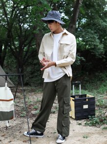 Camisa con bolsillo con solapa de hombros caídos para hombre, ropa de otoño - Albaricoque - Ver 8