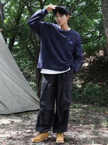 DAZY Men Letter Patched Detail Pullover - Navy Blue - View 3