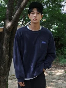 DAZY Men Letter Patched Detail Pullover - Navy Blue - View 4