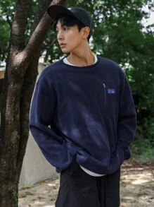 DAZY Men Letter Patched Detail Pullover - Navy Blue - View 5