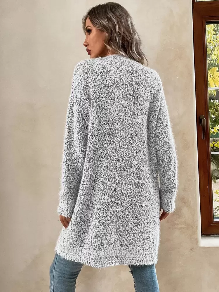 Double Pocket Drop Shoulder Popcorn Knit Duster Cardigan,Ladies Late Fall Casual Confetti,Pocket Batwing Sleeve Regular Fit Light Grey Plain Women Cardigans,Casual Daily Wear,Long Sleeve Tops