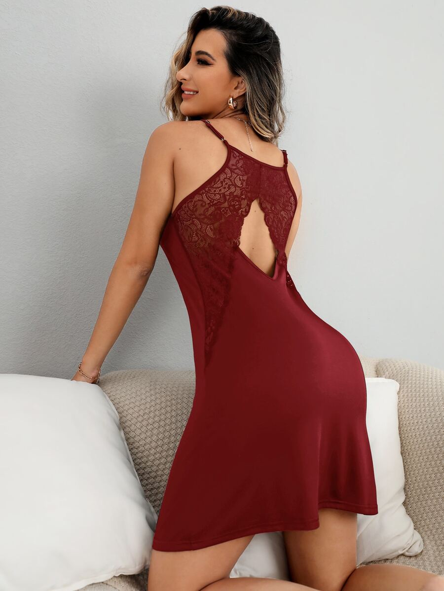 蕾絲拼接後鏤空緞面吊帶睡裙 - 酒紅色 - 查看 1