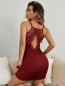 蕾絲拼接後鏤空緞面吊帶睡裙 - 酒紅色 - 查看 6