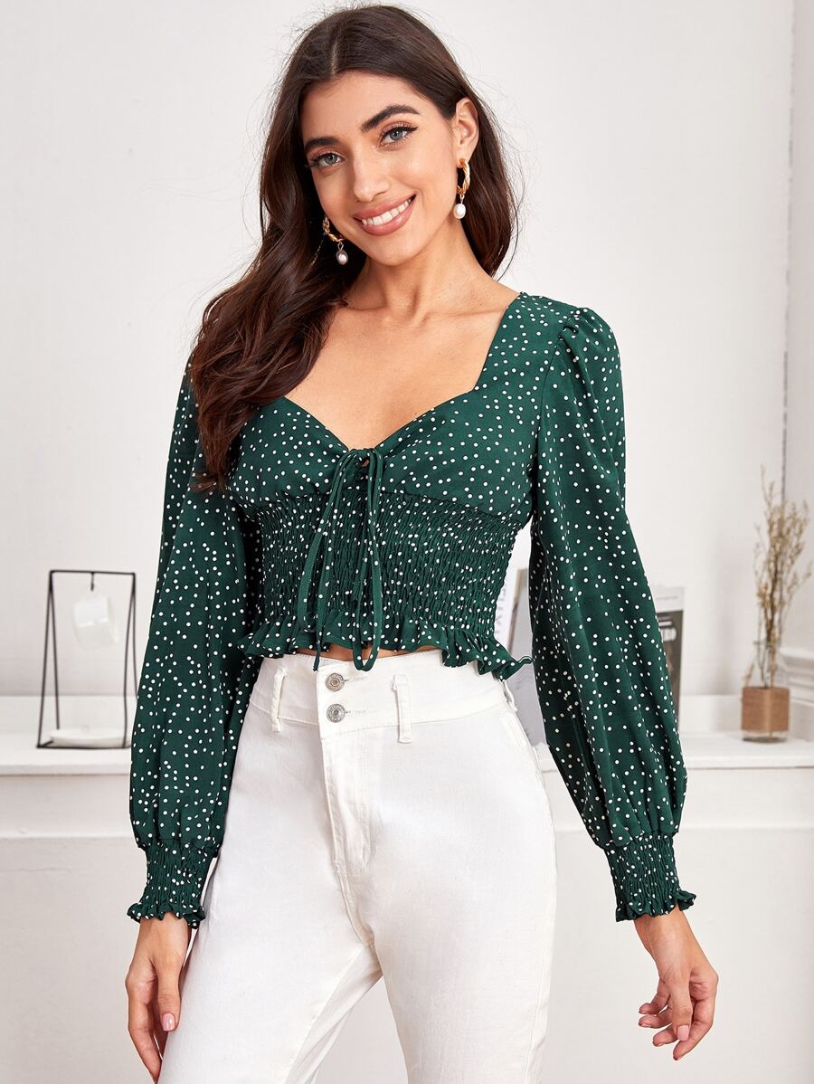 SHEIN Privé 前繫帶打褶圓點圖案上衣 - 墨綠色 - 查看 1