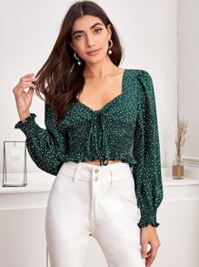 SHEIN Privé 前繫帶打褶圓點圖案上衣 - 墨綠色 - 查看 5
