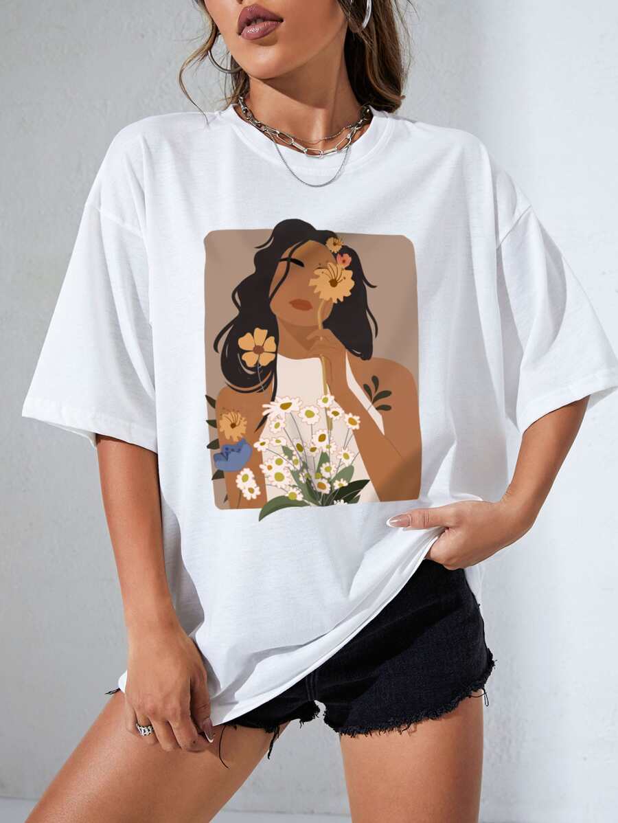 Camiseta de hombros caídos con estampado de figura - Blanco - Ver 1