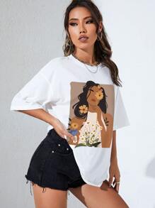 Camiseta de hombros caídos con estampado de figura - Blanco - Ver 4