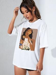 Camiseta de hombros caídos con estampado de figura - Blanco - Ver 5