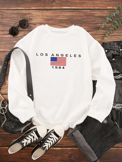 SHEIN Essnce Sudadera con estampado de bandera estadounidense y letra con forro térmico