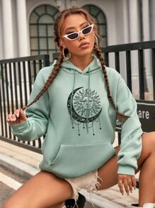 INAWLY Áo hoodie tay dài in hình mặt trời và mặt trăng, kiểu dáng vai rớt, có dây rút, lót giữ nhiệt, thích hợp cho lễ tốt nghiệp, giáo viên, mùa tựu trường thu. - Màu xanh Bạc hà - Xem 5