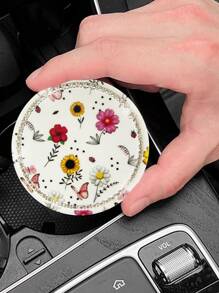 1pc Rhinestone Decor Flower Print Car Coaster - Multicolor - View 1