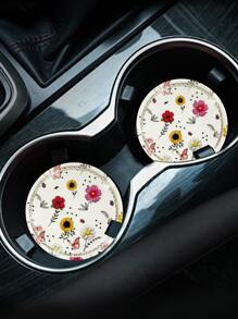 1pc Rhinestone Decor Flower Print Car Coaster - Multicolor - View 2