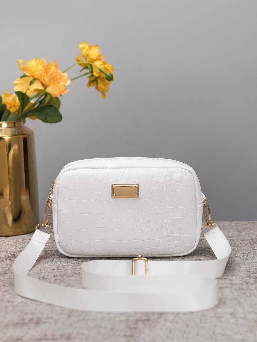 Mini Crocodile Embossed Metal Decor Square Bag - White - View 1