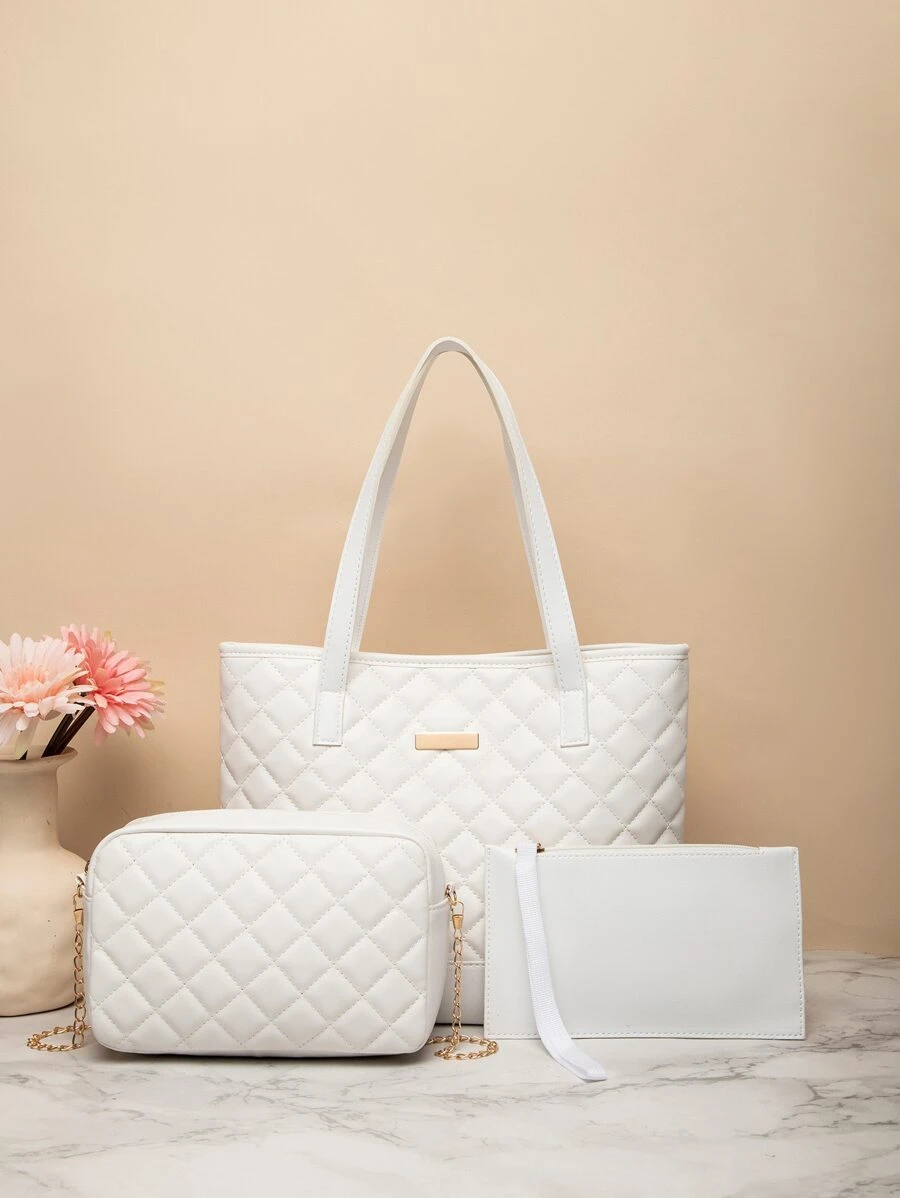 3pcs Quilted Metal Decor Shoulder Tote Bag Set, Best Work Bag For Women - White - View 1