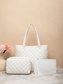 3pcs Quilted Metal Decor Shoulder Tote Bag Set, Best Work Bag For Women - White - View 2