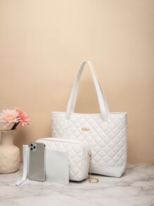3pcs Quilted Metal Decor Shoulder Tote Bag Set, Best Work Bag For Women - White - View 3