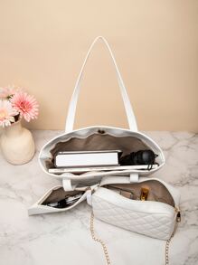 3pcs Quilted Metal Decor Shoulder Tote Bag Set, Best Work Bag For Women - White - View 4