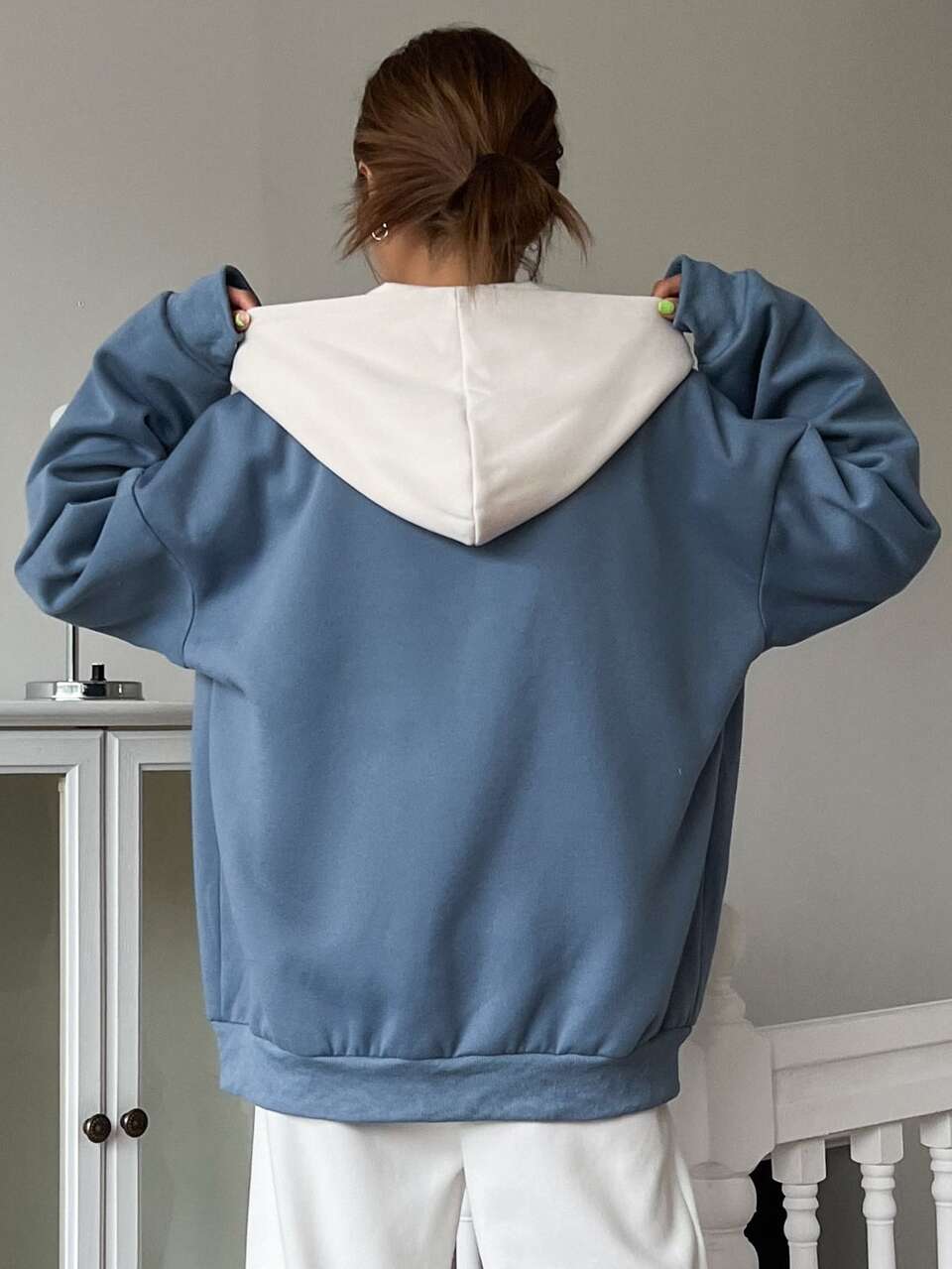 Colorblock Drop Shoulder Drawstring Zipper Thermal Hoodie