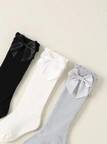 3pairs Baby Bow Decor Over The Knee Socks - Multicolor - View 3