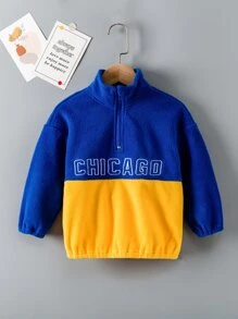 SHEIN 小男童字母刺繡撞色半拉鏈運動衫 - 彩色 - 查看 1