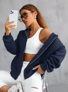 Lunelith SHEIN Lunessa Zip Up Drop Shoulder Drawstring Hoodie,Long Sleeve Tops Graduation,Back To School Outfits,Graduation,Teacher Outfits For Women,Back To School Pullover Fall Outfit