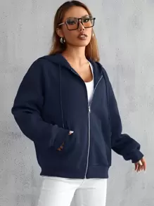 Lunelith SHEIN Lunessa Zip Up Drop Shoulder Drawstring Hoodie,Long Sleeve Tops Graduation,Back To School Outfits,Graduation,Teacher Outfits For Women,Back To School Pullover Fall Outfit