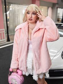 大碼落肩袖開門襟絨毛外套 - 淺粉色 - 查看 5