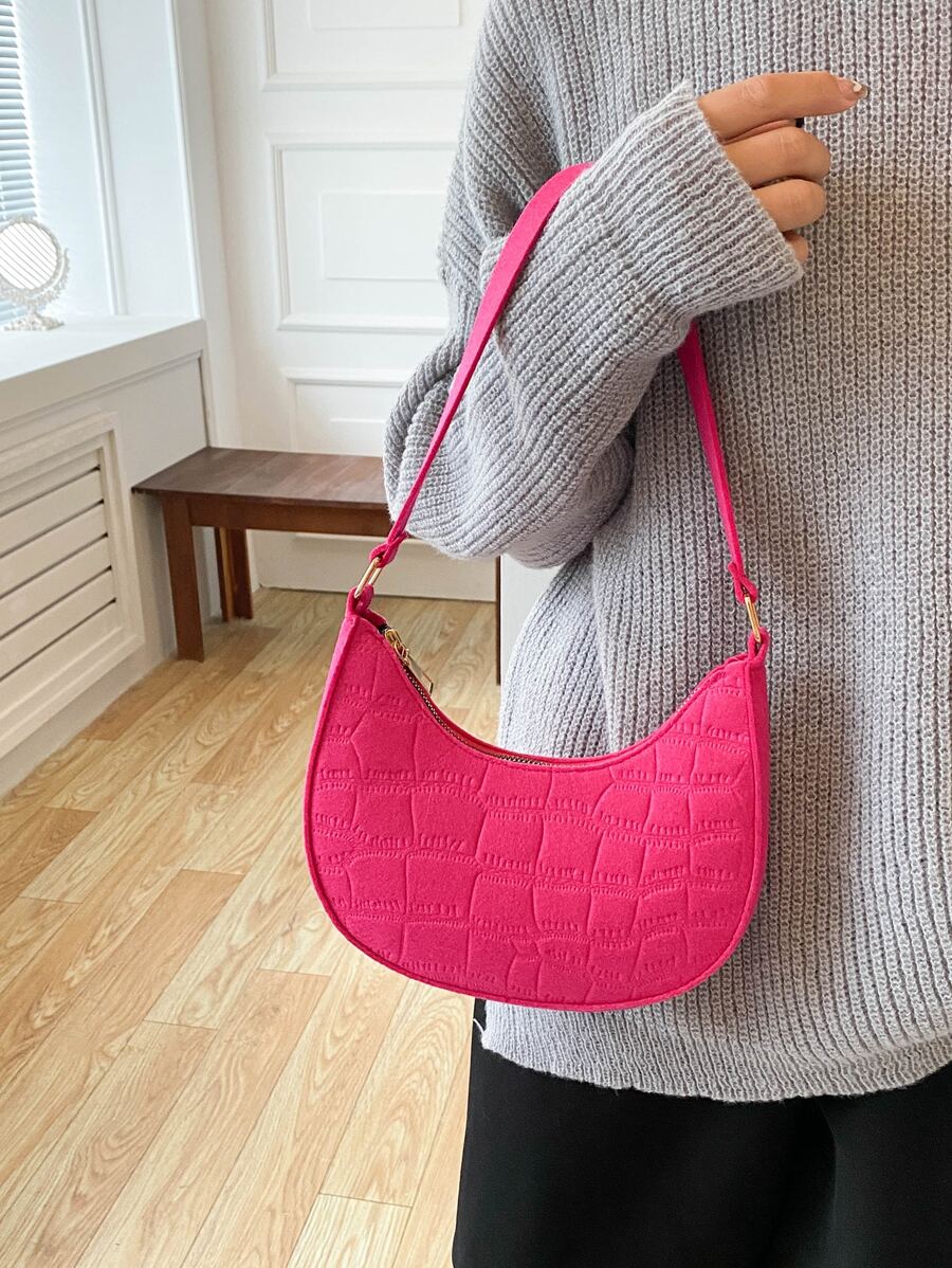 螢光紅鱷魚壓紋流浪包 - 玫紅色 - 查看 1