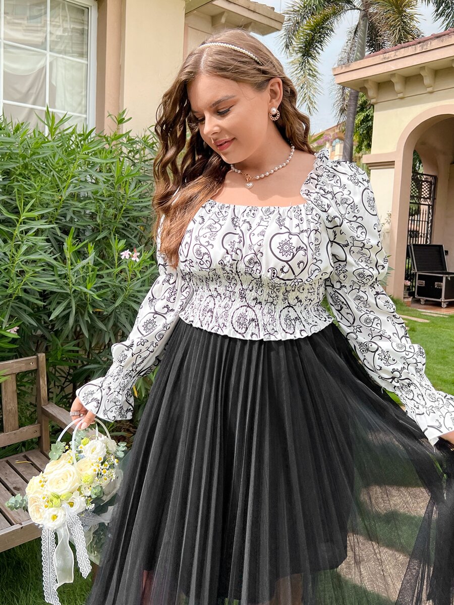 Plus Allover Floral Square Neck Blouse - Black and White - View 1