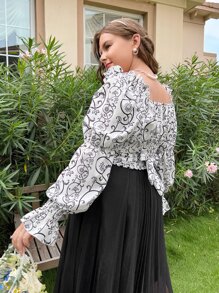 Plus Allover Floral Square Neck Blouse - Black and White - View 3