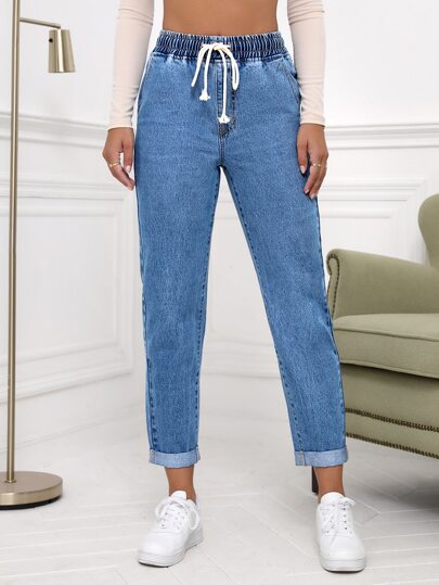 SHEIN Essnce Drawstring Waist Roll Hem Mom Fit Jeans