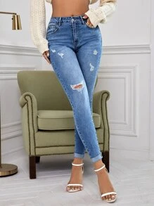 SHEIN Essnce Ripped Roll Hem Skinny Jeans - Medium Wash - View 1