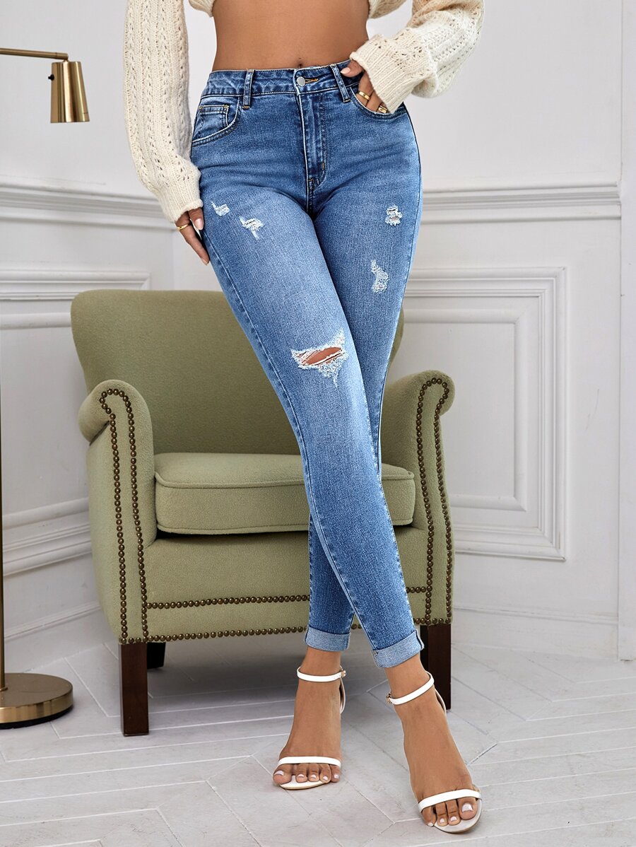 SHEIN Essnce Ripped Roll Hem Skinny Jeans - Medium Wash - View 1