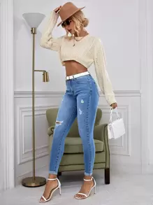 SHEIN Essnce Ripped Roll Hem Skinny Jeans - Medium Wash - View 4