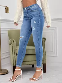 SHEIN Essnce Ripped Roll Hem Skinny Jeans - Medium Wash - View 5