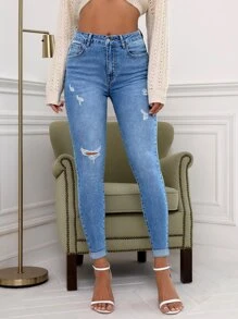 SHEIN Essnce Ripped Roll Hem Skinny Jeans - Medium Wash - View 6