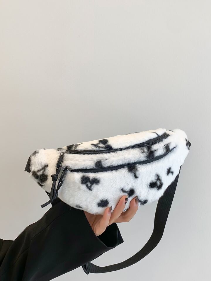 Fuzzy Soft Plush Cherry Print Fluffy Waist Bag For Girls Women College Students Rookies White collar Workers For Work Office Commute For Autumn Winter Warm Winter Outdoors SHEIN ASIA
