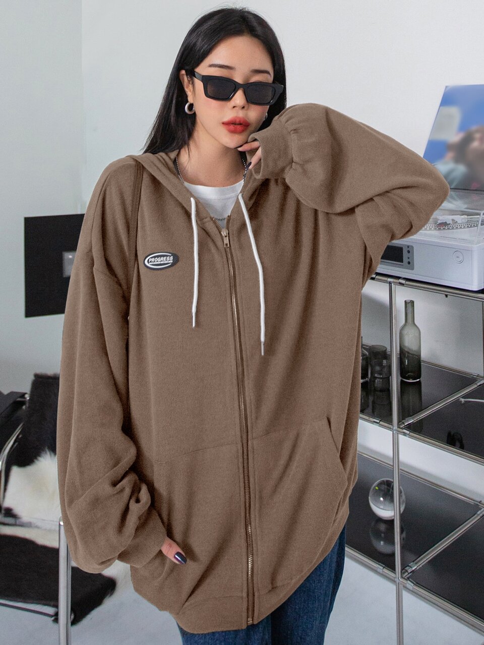 Letter Patched Detail Bishop Sleeve Zip Up Drawstring Hoodie