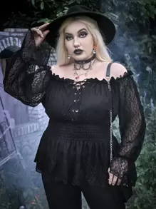 ROMWE PUNK Plus Off-shoulder Lace Panel Peplum Blouse - Black - View 4