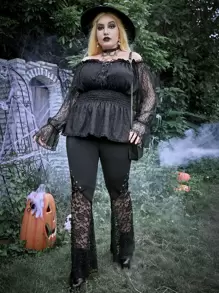 ROMWE PUNK Plus Off-shoulder Lace Panel Peplum Blouse - Black - View 5