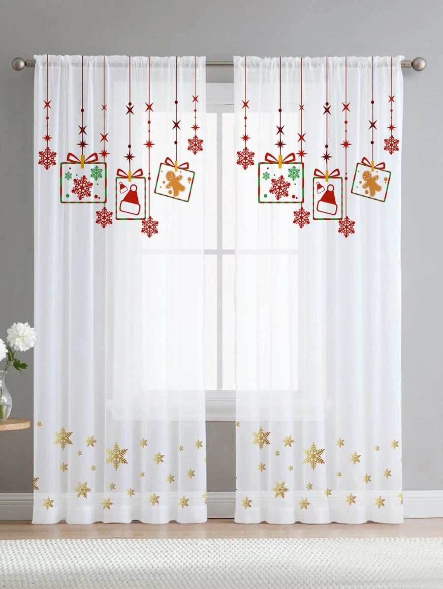 1 件圣诞星装饰薄纱窗帘，透明薄纱窗帘，带圣诞松枝气球装饰，适用于客厅、卧室、儿童房、圣诞节节日装饰、卧室、办公室、厨房、客厅、书房的窗帘 - 彩色 - 查看 1